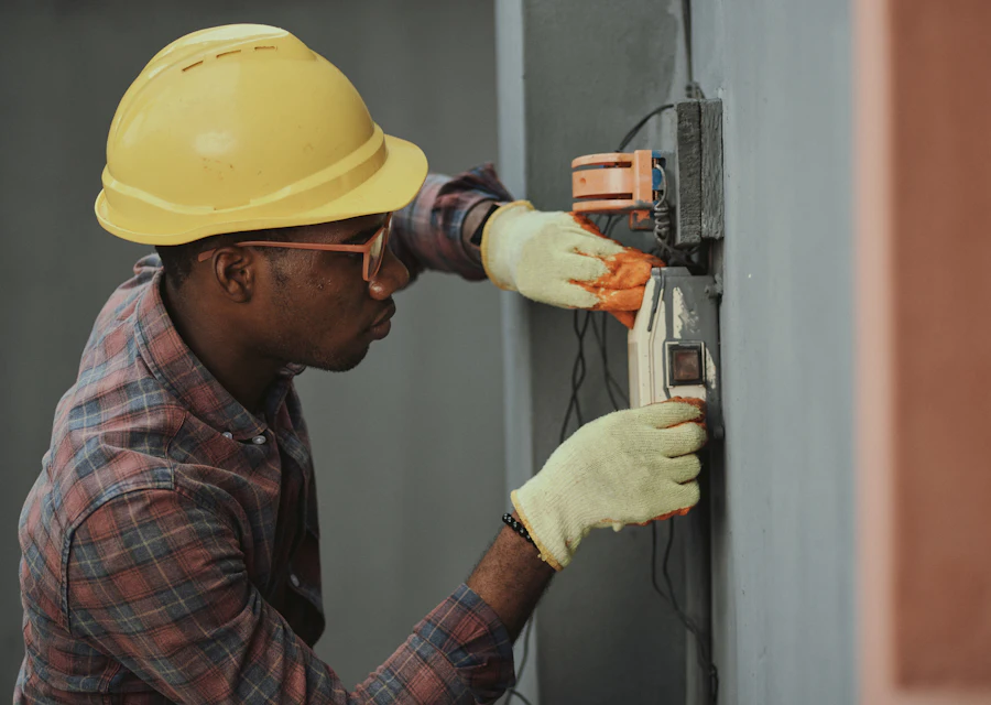 Electrician testing an industrial electrical box